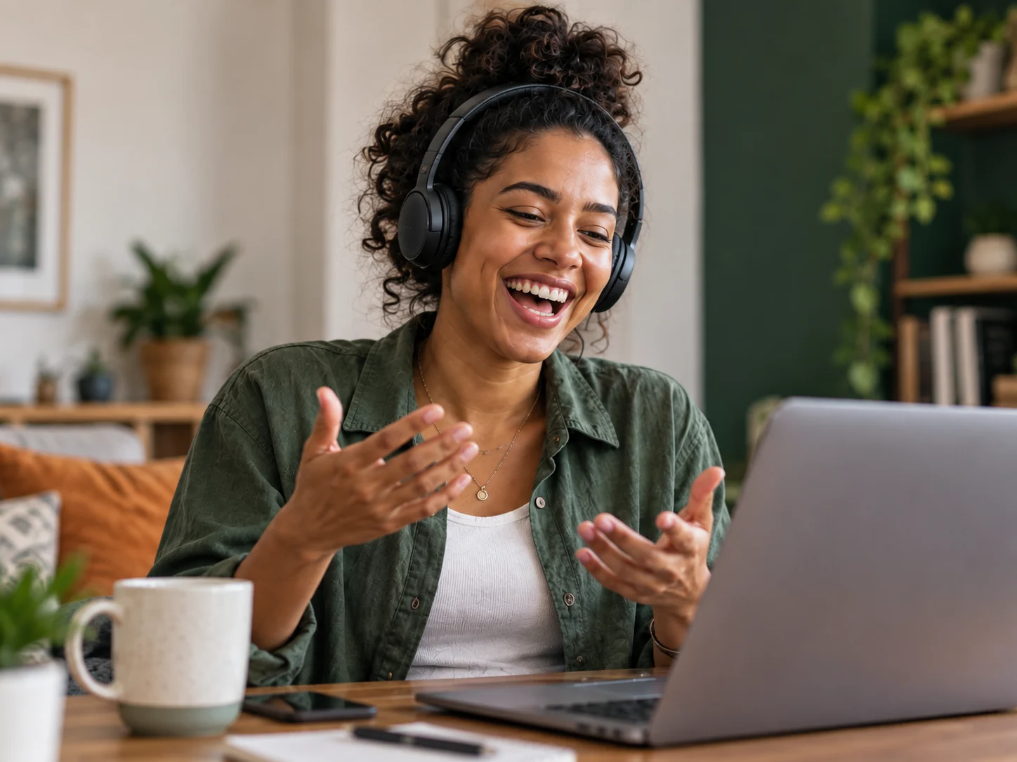 Mulher sorrindo e conversando durante uma aula online